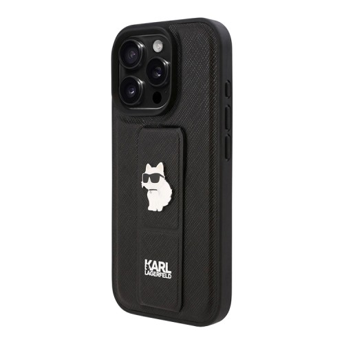 Karl Lagerfeld для iPhone 16 Pro чехол GripStand PU Saffiano NFT Choupette metal Hard Black