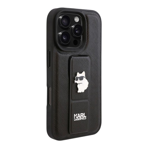 Karl Lagerfeld для iPhone 16 Pro чехол GripStand PU Saffiano NFT Choupette metal Hard Black