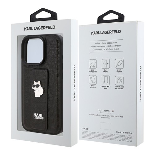 Karl Lagerfeld для iPhone 16 Pro чехол GripStand PU Saffiano NFT Choupette metal Hard Black