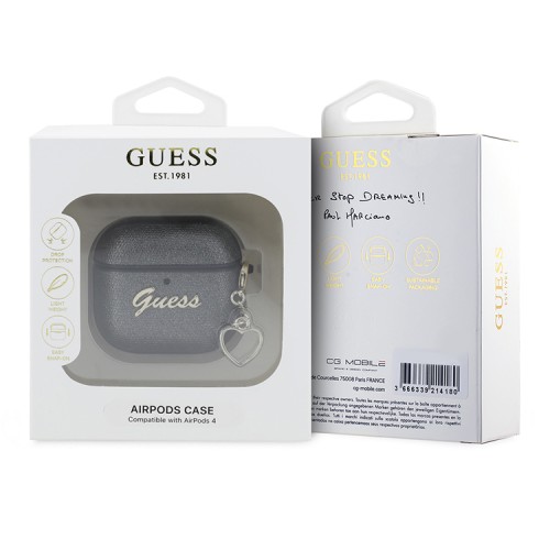 Guess для Airpods 4 чехол PU leather with Script metal logo and Heart charm Black