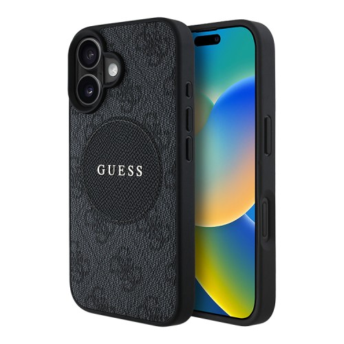 Guess для iPhone 16 чехол PU 4G with Round Patch Metal logo Hard Black (MagSafe)