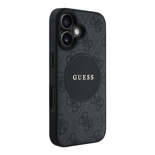 Guess для iPhone 16 чехол PU 4G with Round Patch Metal logo Hard Black (MagSafe)