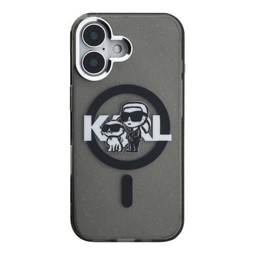 Karl Lagerfeld для iPhone 16 чехол PC/TPU Sketch Karl&Choupette Glitter Black (MagSafe)