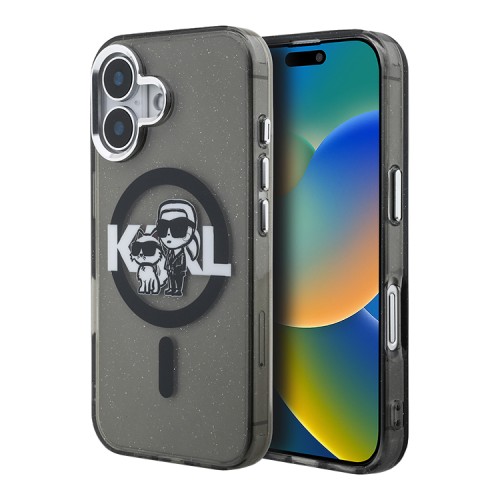Karl Lagerfeld для iPhone 16 чехол PC/TPU Sketch Karl&Choupette Glitter Black (MagSafe)