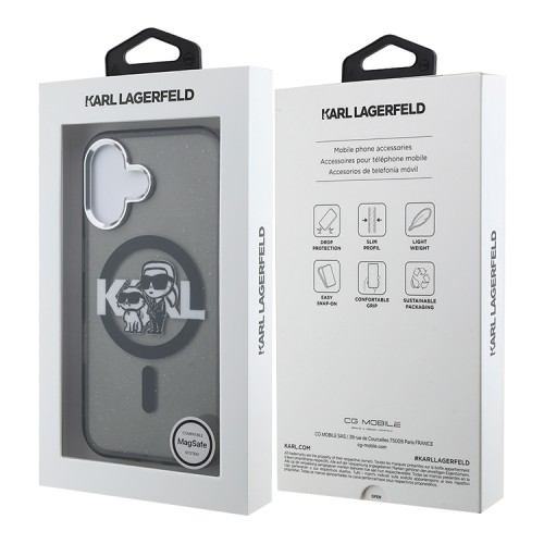 Karl Lagerfeld для iPhone 16 чехол PC/TPU Sketch Karl&Choupette Glitter Black (MagSafe)