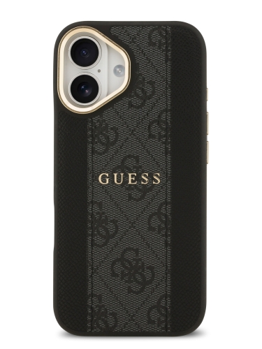 Guess для iPhone 17 чехол PU 4G Stripe Classic metal logo Gold camera Hard Black (MagSafe)