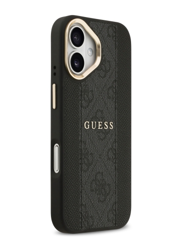 Guess для iPhone 17 чехол PU 4G Stripe Classic metal logo Gold camera Hard Black (MagSafe)