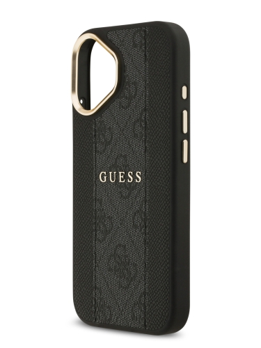 Guess для iPhone 17 чехол PU 4G Stripe Classic metal logo Gold camera Hard Black (MagSafe)