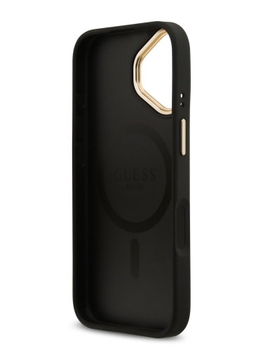 Guess для iPhone 17 чехол PU 4G Stripe Classic metal logo Gold camera Hard Black (MagSafe)