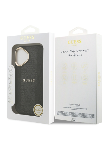 Guess для iPhone 17 чехол PU 4G Stripe Classic metal logo Gold camera Hard Black (MagSafe)