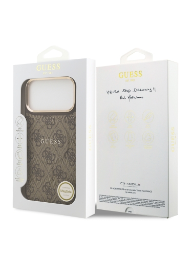 Guess для iPhone 17 Pro Max чехол PU 4G Classic metal logo Gold camera Hard Brown (MagSafe)