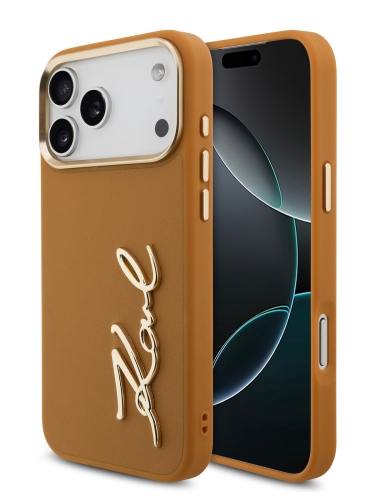 Karl Lagerfeld для iPhone 17 Pro Max чехол PU leather Autograph Metal logo & Gold camera Hard Brown