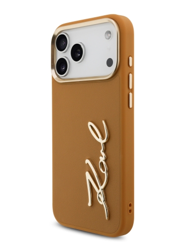 Karl Lagerfeld для iPhone 17 Pro Max чехол PU leather Autograph Metal logo & Gold camera Hard Brown