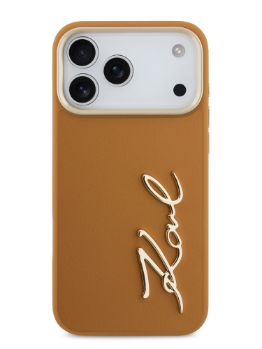 Karl Lagerfeld для iPhone 17 Pro Max чехол PU leather Autograph Metal logo & Gold camera Hard Brown