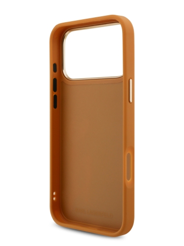 Karl Lagerfeld для iPhone 17 Pro Max чехол PU leather Autograph Metal logo & Gold camera Hard Brown