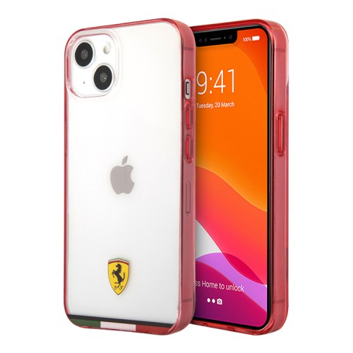 Чехол Ferrari Italia stripe Hard Transparent для iPhone 13, красная рамка