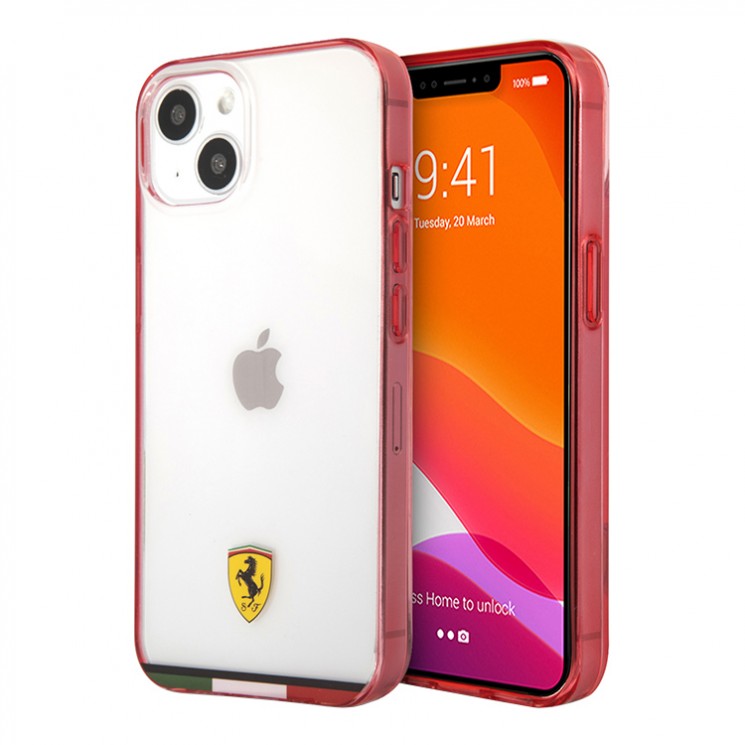 Чехол Ferrari Italia stripe Hard Transparent для iPhone 13, красная рамка