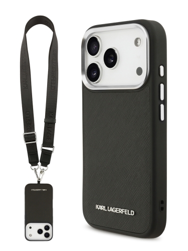 Karl Lagerfeld для iPhone 17 Pro Max чехол Crossbody Saffiano Metal Cam Hard + Strap Black (MagSafe)