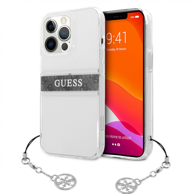 Чехол Guess 4G Stripe Hard Transparent +Silver charm для iPhone 13 Pro
