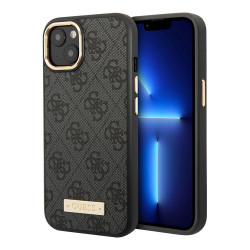 Чехол Guess PU 4G Plate metal logo Hard для iPhone 14, серый (Magsafe)