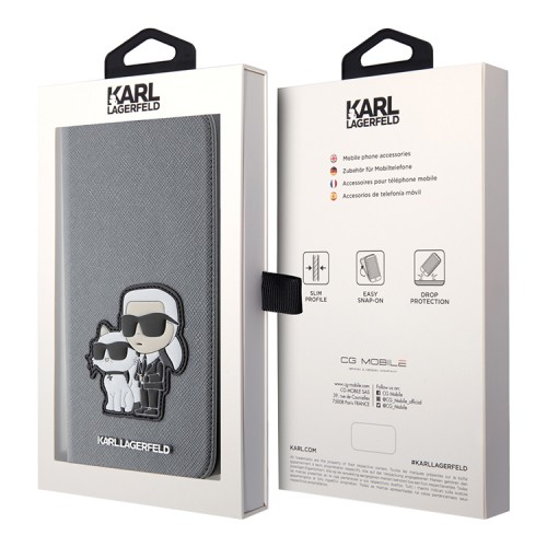 Чехол Lagerfeld PU Saffiano NFT Karl & Choupette Booktype для iPhone 13 Pro Max, серебристый