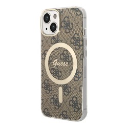 Guess для iPhone 15 чехол PC/TPU 4G Hard Brown/Gold (MagSafe)