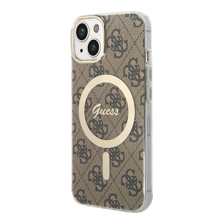 Guess для iPhone 15 чехол PC/TPU 4G Hard Brown/Gold (MagSafe)