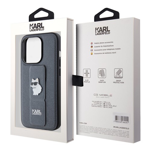 Karl Lagerfeld для iPhone 15 Pro чехол GripStand PU Saffiano NFT Choupette metal Hard Silver
