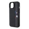 BMW для iPhone 15 чехол PU Perforated Tricolor stripes Metal logo Hard Black