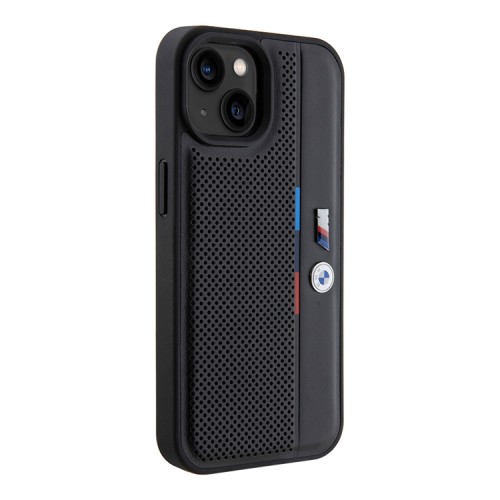 BMW для iPhone 15 чехол PU Perforated Tricolor stripes Metal logo Hard Black