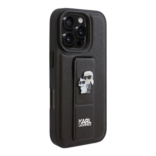 Karl Lagerfeld для iPhone 16 Pro чехол GripStand PU Saffiano NFT Karl & Choupette metal Hard Black