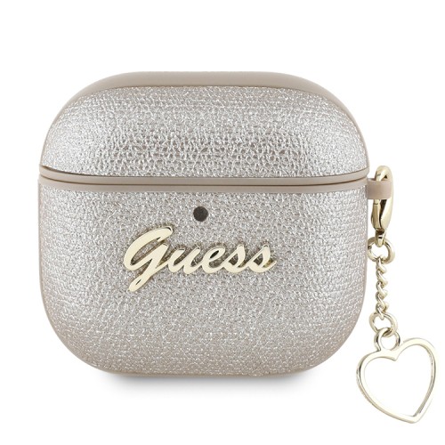 Guess для Airpods 4 чехол PU leather with Script metal logo and Heart charm Gold