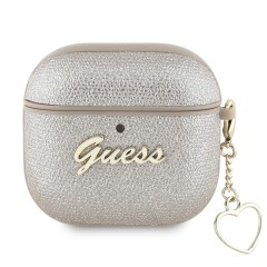 Guess для Airpods 4 чехол PU leather with Script metal logo and Heart charm Gold