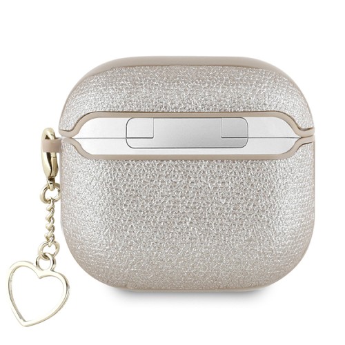 Guess для Airpods 4 чехол PU leather with Script metal logo and Heart charm Gold