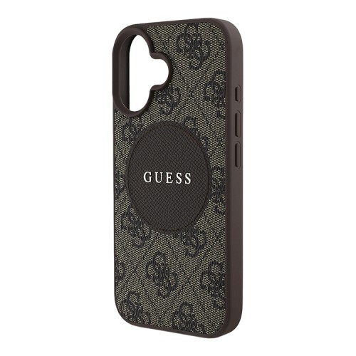 Guess для iPhone 16 чехол PU 4G with Round Patch Metal logo Hard Brown (MagSafe)