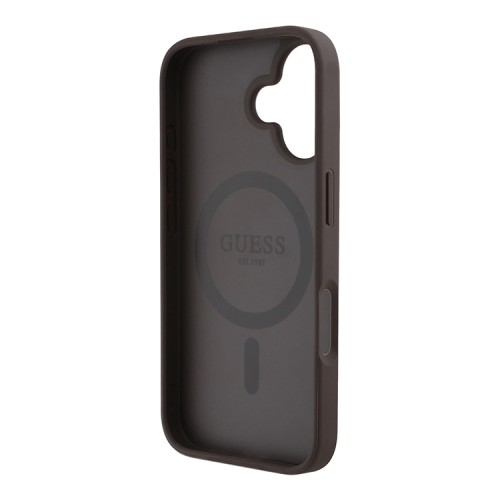 Guess для iPhone 16 чехол PU 4G with Round Patch Metal logo Hard Brown (MagSafe)
