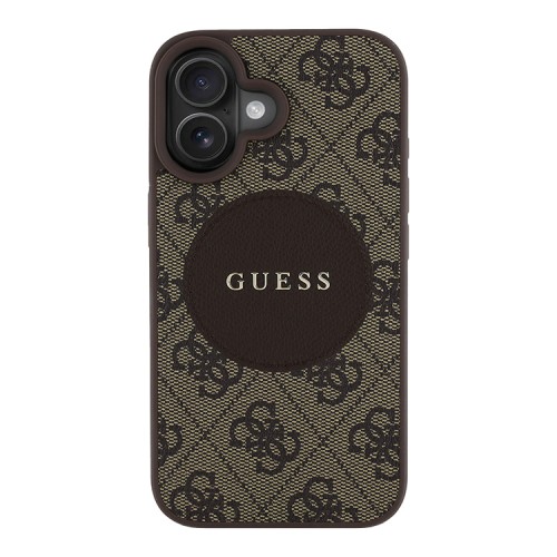 Guess для iPhone 16 чехол PU 4G with Round Patch Metal logo Hard Brown (MagSafe)