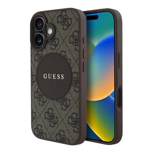 Guess для iPhone 16 чехол PU 4G with Round Patch Metal logo Hard Brown (MagSafe)