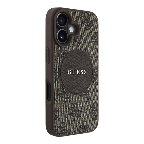 Guess для iPhone 16 чехол PU 4G with Round Patch Metal logo Hard Brown (MagSafe)