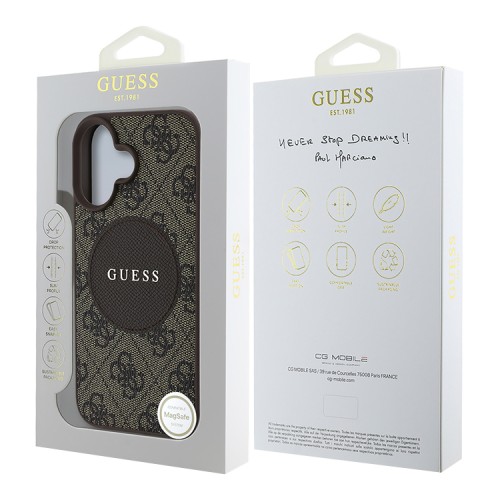 Guess для iPhone 16 чехол PU 4G with Round Patch Metal logo Hard Brown (MagSafe)