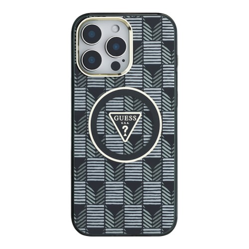 Guess для iPhone 16 Pro Max чехол PC/TPU Jet Set Trianlge logo Metal camera Hard Black (MagSafe)
