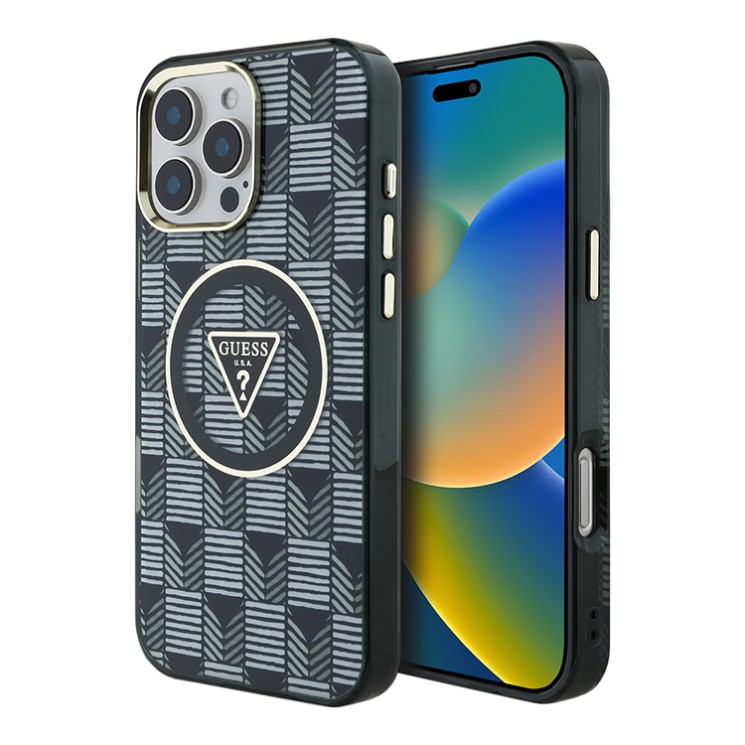 Guess для iPhone 16 Pro Max чехол PC/TPU Jet Set Trianlge logo Metal camera Hard Black (MagSafe)