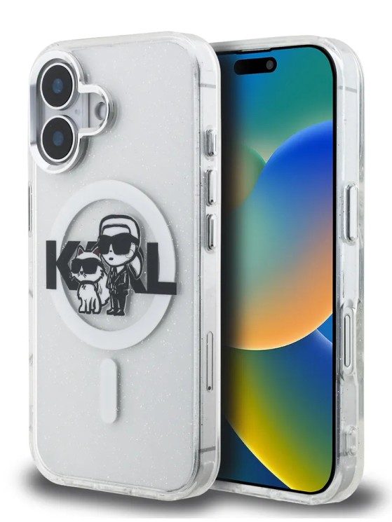 Karl Lagerfeld для iPhone 16 чехол PC/TPU Sketch Karl&Choupette Glitter Transparent (MagSafe)