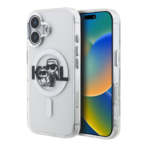 Karl Lagerfeld для iPhone 16 чехол PC/TPU Sketch Karl&Choupette Glitter Transparent (MagSafe)