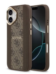 Guess для iPhone 17 чехол PU 4G Stripe Classic metal logo Gold camera Hard Brown (MagSafe)
