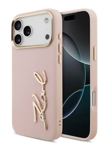 Karl Lagerfeld для iPhone 17 Pro Max чехол PU leather Autograph Metal logo & Gold camera Hard Pink