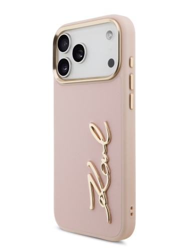 Karl Lagerfeld для iPhone 17 Pro Max чехол PU leather Autograph Metal logo & Gold camera Hard Pink