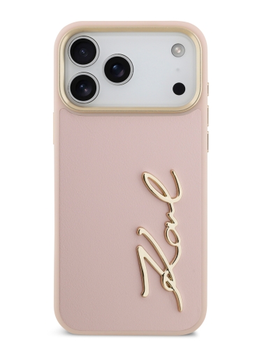 Karl Lagerfeld для iPhone 17 Pro Max чехол PU leather Autograph Metal logo & Gold camera Hard Pink