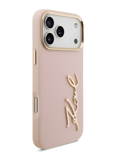 Karl Lagerfeld для iPhone 17 Pro Max чехол PU leather Autograph Metal logo & Gold camera Hard Pink