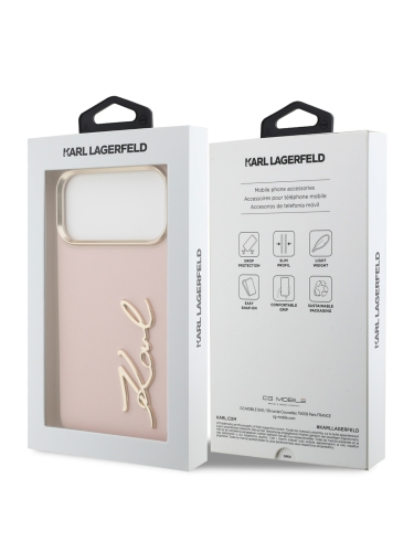 Karl Lagerfeld для iPhone 17 Pro Max чехол PU leather Autograph Metal logo & Gold camera Hard Pink